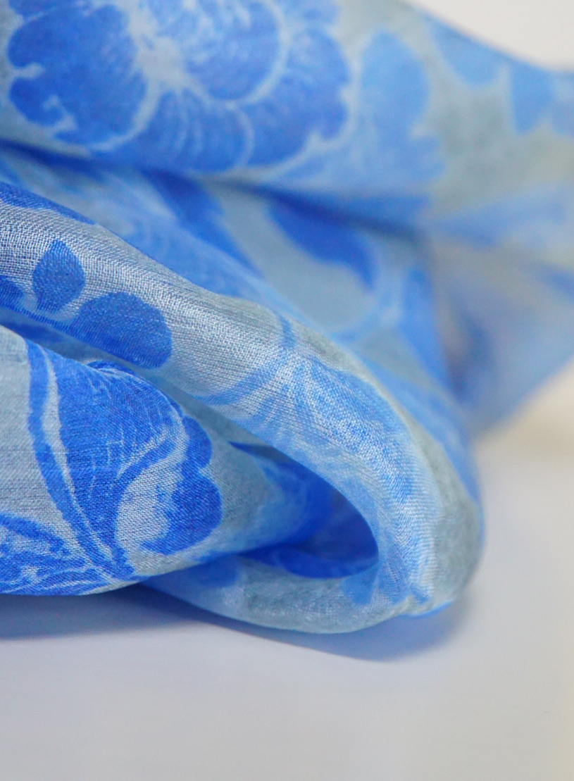 Silk Scarf Blue with Flowers