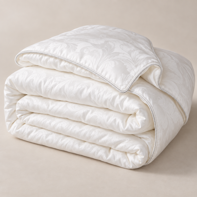 White Sigma Silk duvet with cotton jacquard cover, folded to show its soft layers and decorative edge