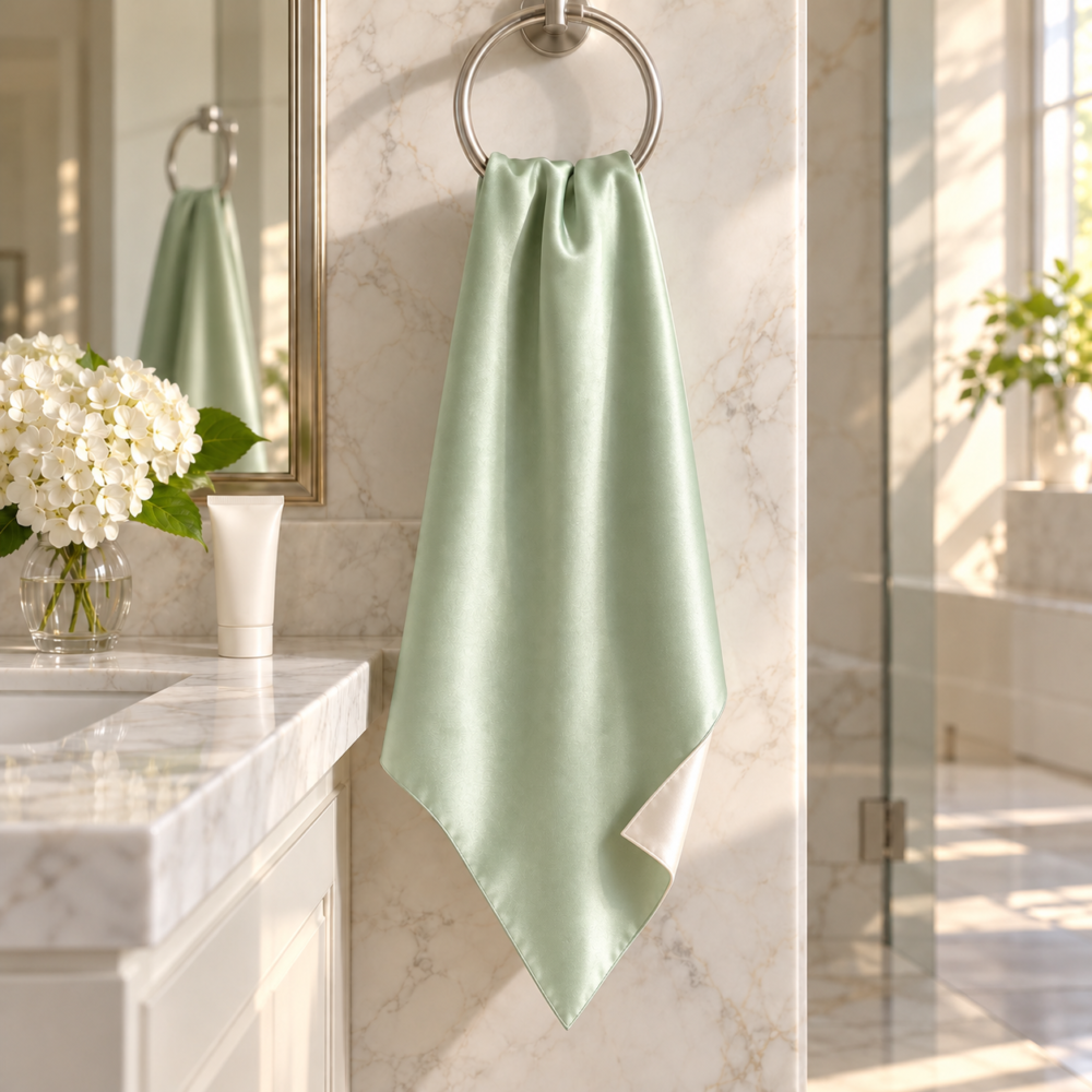 Celadon Green Ivory 22 momme mulberry silk charmeuse hair towel