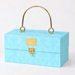 Turquoise Sigma Silk gift box with gold metal handle and clasp, without ribbon