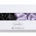 Lavender Mist and Midnight Noir 22 Momme mulberry silk scrunchies in Sigma Silk gift box