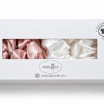Pink and ivory 19 Momme mulberry silk scrunchies in Sigma Silk gift box