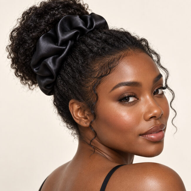 Woman wearing a 22 Momme Mulberry Silk Scrunchie Midnight noir by Sigma Silk