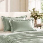 Celadon Green Mulberry Silk Oxford Pillowcase with 5 cm Border in Elegant Bedroom Setting