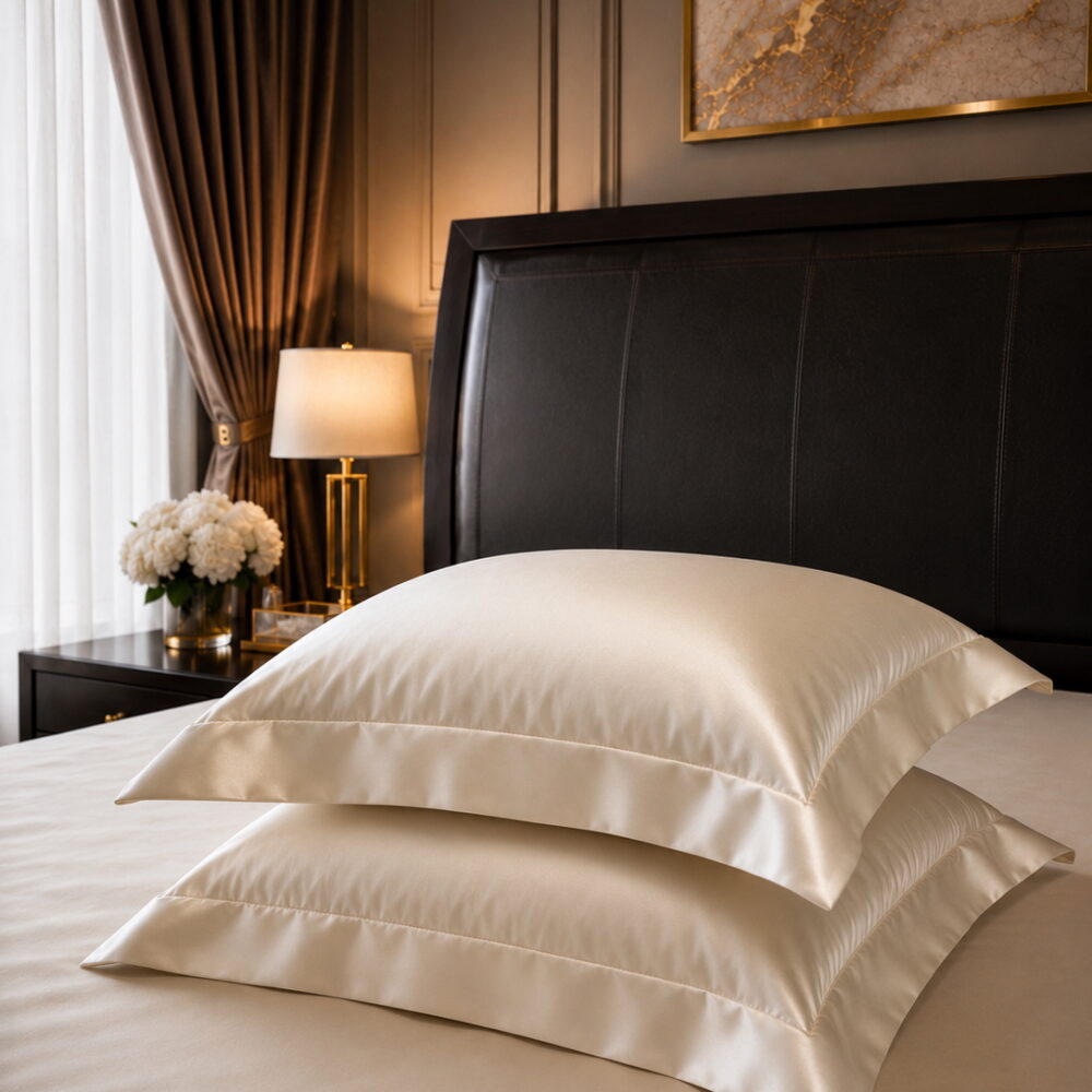 Ivory6 Ivory Mulberry Silk Oxford Pillowcase with 5 cm Border in Elegant Bedroom Setting
