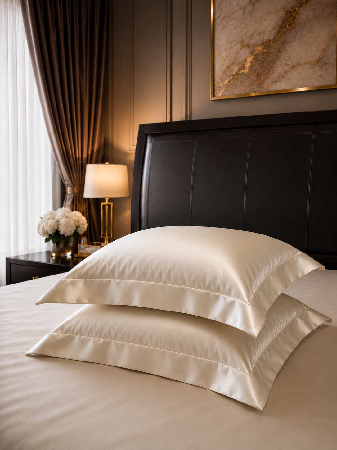 Ivory6 Ivory Mulberry Silk Oxford Pillowcase with 5 cm Border in Elegant Bedroom Setting