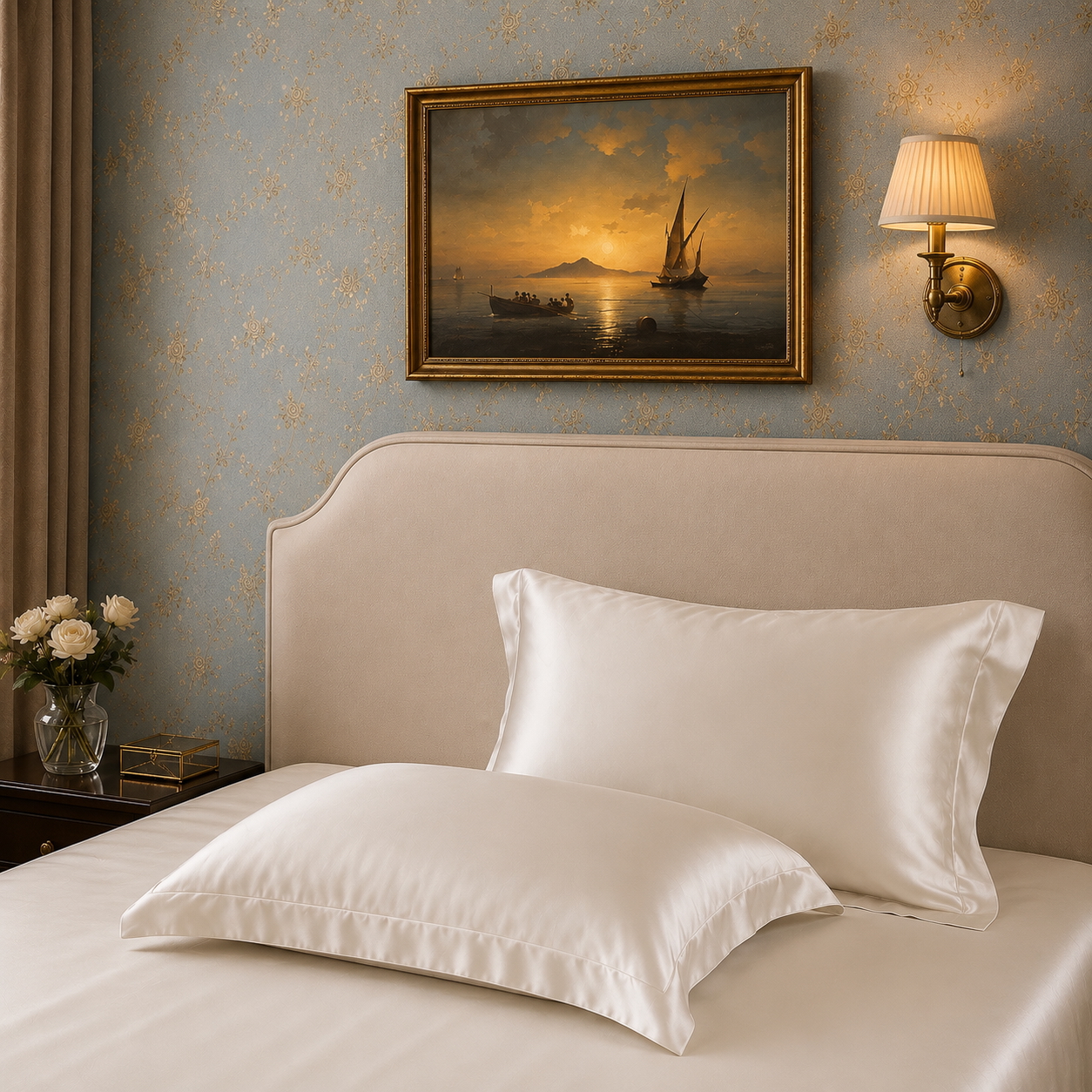 ivory oxford Premium Ivory Silk Oxford Pillowcase with 5 cm Border on Luxury Bed