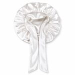 Pearl White silk bonnet with full ribbon ties on a white background