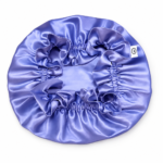 Periwinkle blue silk bonnet on a white background