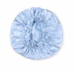 Sky blue silk bonnet on a white background