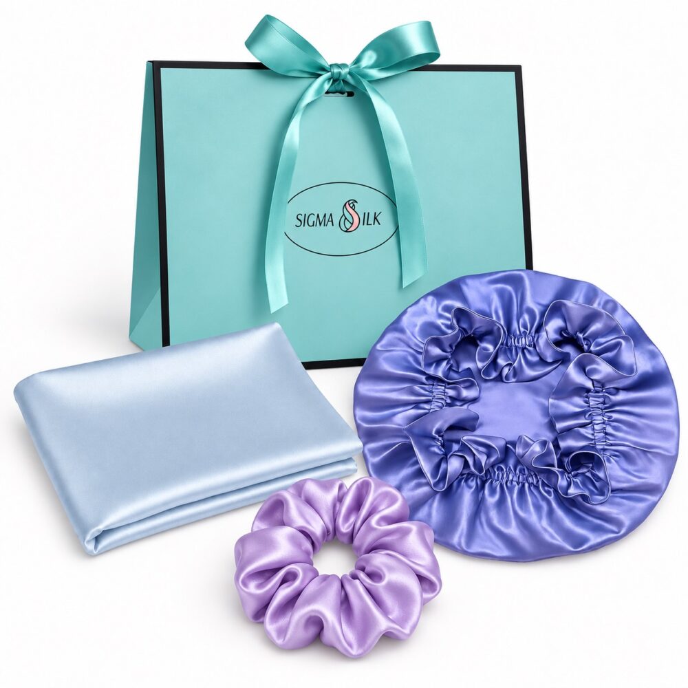 Sigma Silk Hair Care Gift Set: Sky Blue silk hair towel, loose Lavender Mist scrunchie, Periwinkle Blue double-layer bonnet and turquoise ribbon gift bag